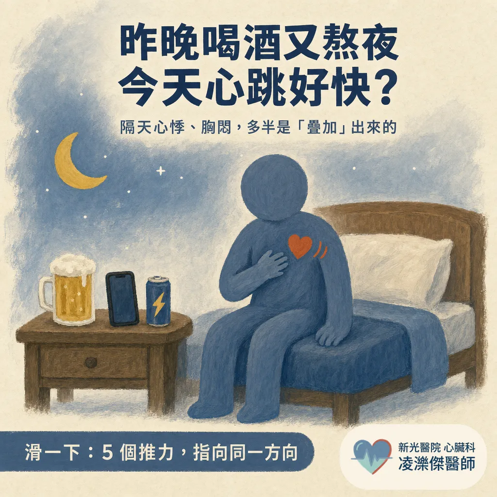 昨晚喝了又熬夜,今天心跳好快?隔天心悸胸悶的「疊加」原因 圖卡 1
