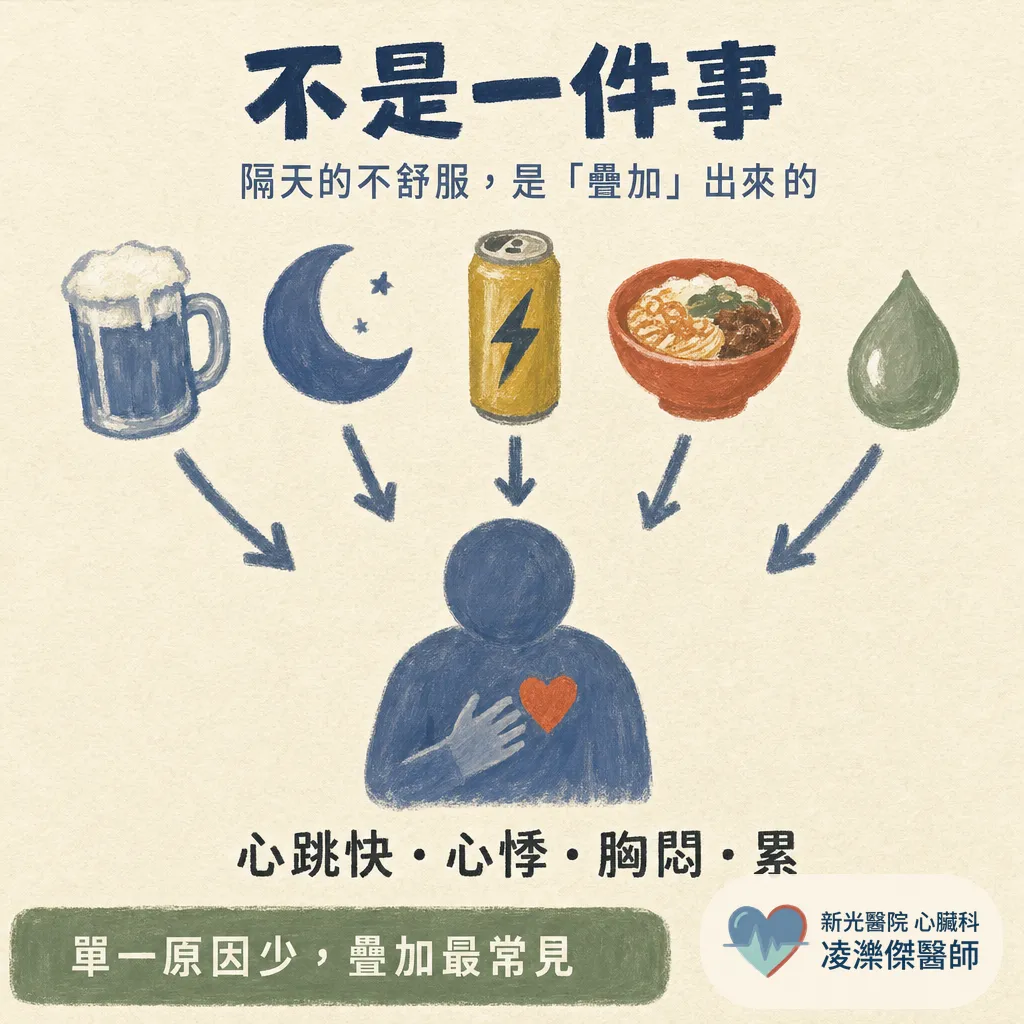 昨晚喝了又熬夜，今天心跳好快？隔天心悸胸悶的「疊加」原因 圖卡 2