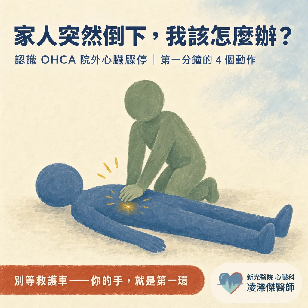 家人突然倒下、叫不醒又沒呼吸？認識 OHCA 院外心臟驟停與第一分鐘該做的事 圖卡 1